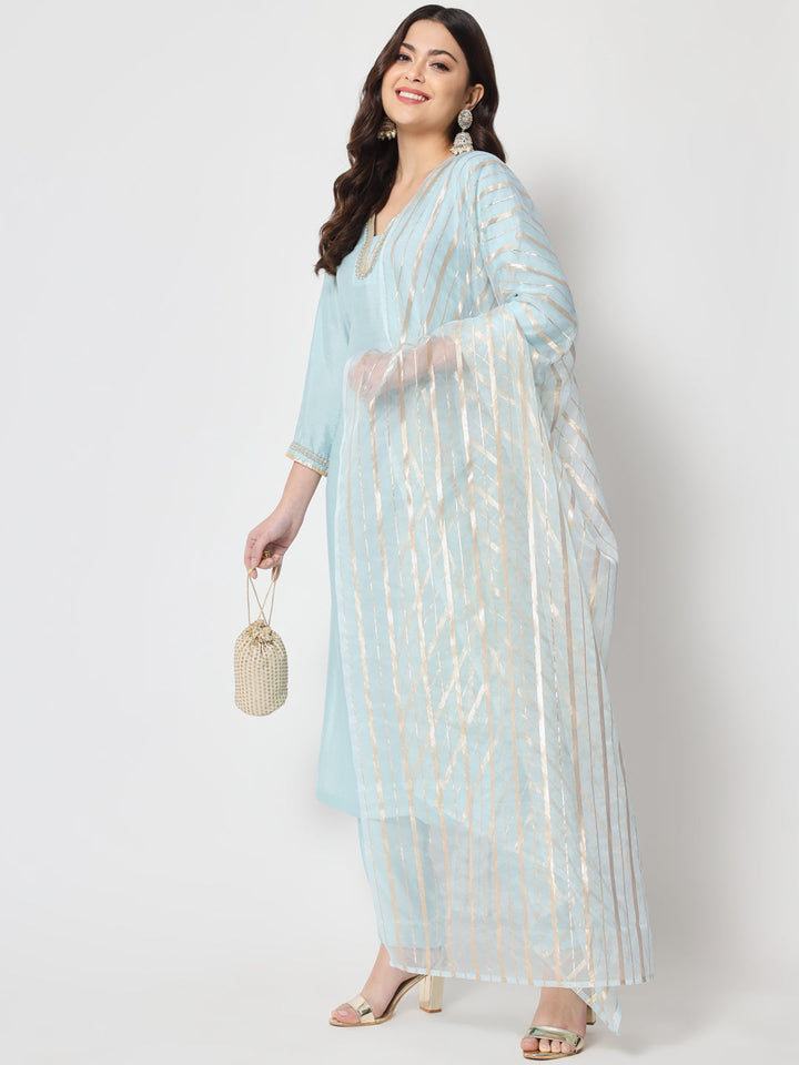 anokherang Combos Blue Smiles Straight Kurti with Pants and Dupatta