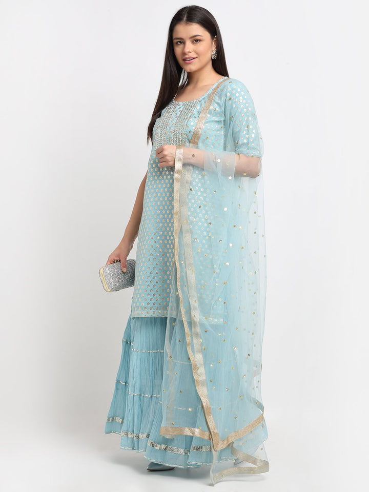 anokherang Combos Blush Blue Silver Dot Short Kurti with Crushed Sharara and Dupatta