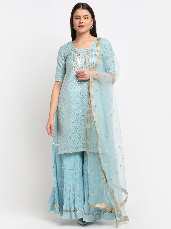 anokherang Combos Blush Blue Silver Dot Short Kurti with Crushed Sharara and Dupatta