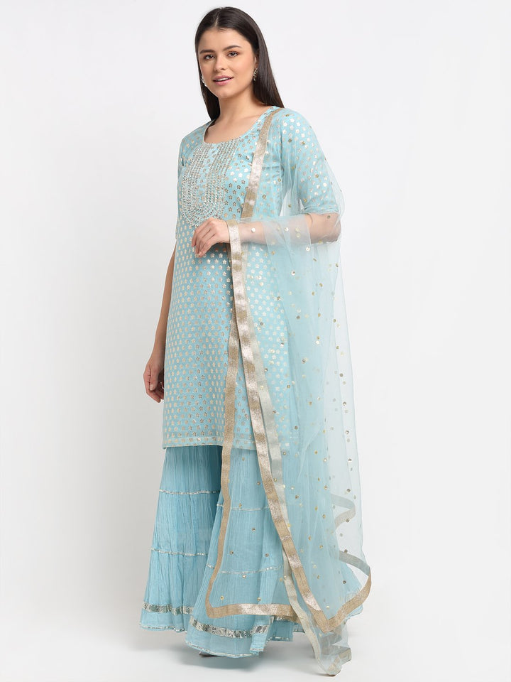 anokherang Combos Blush Blue Silver Dot Short Kurti with Crushed Sharara and Dupatta