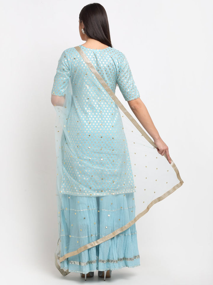 anokherang Combos Blush Blue Silver Dot Short Kurti with Crushed Sharara and Dupatta