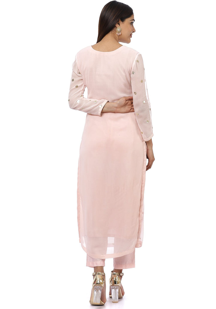 anokherang Combos Blush Pink Sequined Georgette Kurti with Straight Pants