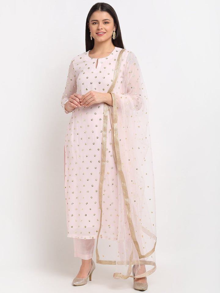 anokherang Combos Blush Pink Sequined Georgette Kurti with Straight Pants and Sequined Pearl Net Dupatta