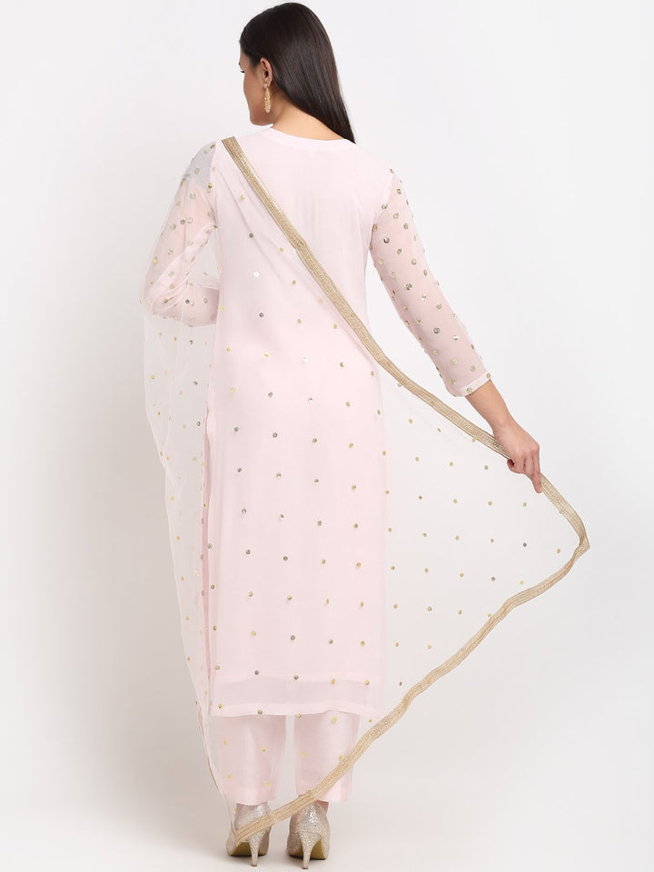 anokherang Combos Blush Pink Sequined Georgette Kurti with Straight Pants and Sequined Pearl Net Dupatta