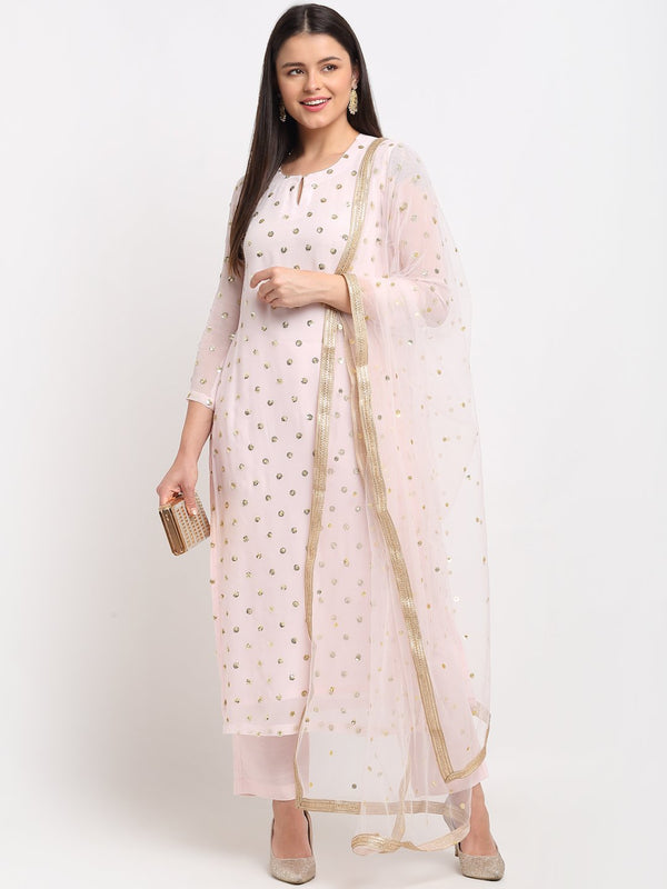 anokherang Combos Blush Pink Sequined Georgette Kurti with Straight Pants and Sequined Pearl Net Dupatta