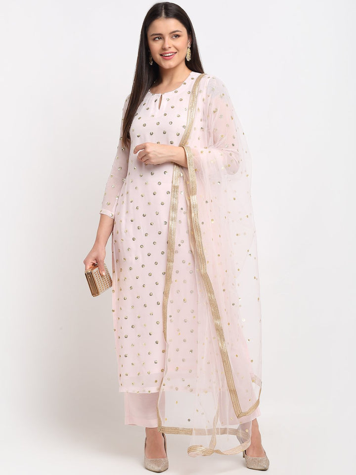 anokherang Combos Blush Pink Sequined Georgette Kurti with Straight Pants and Sequined Pearl Net Dupatta