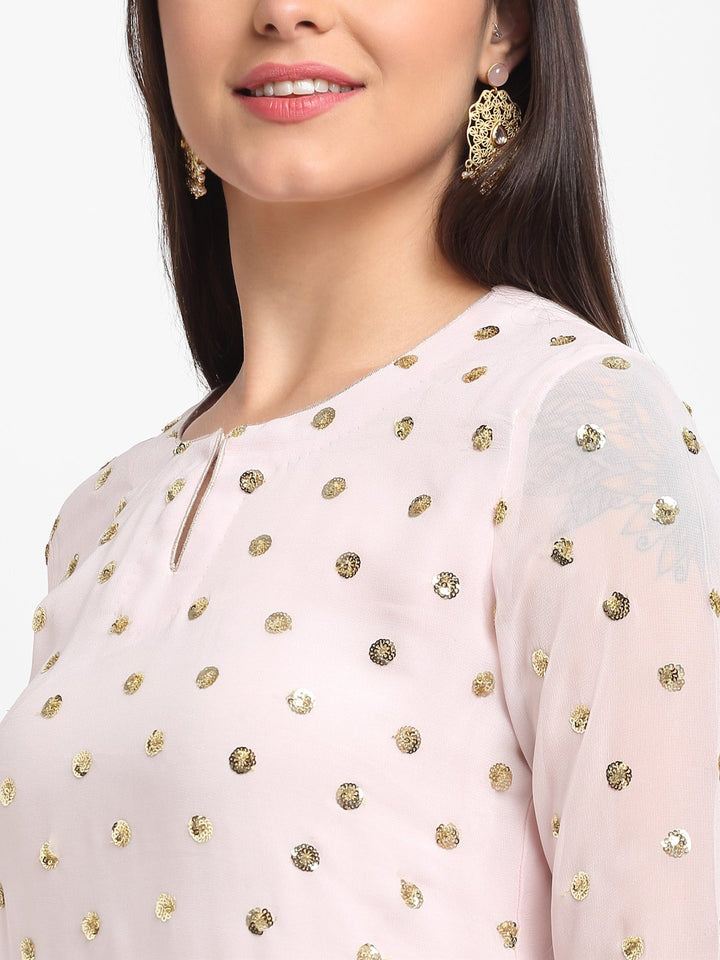 anokherang Combos Blush Pink Sequined Georgette Kurti with Straight Pants and Sequined Pearl Net Dupatta