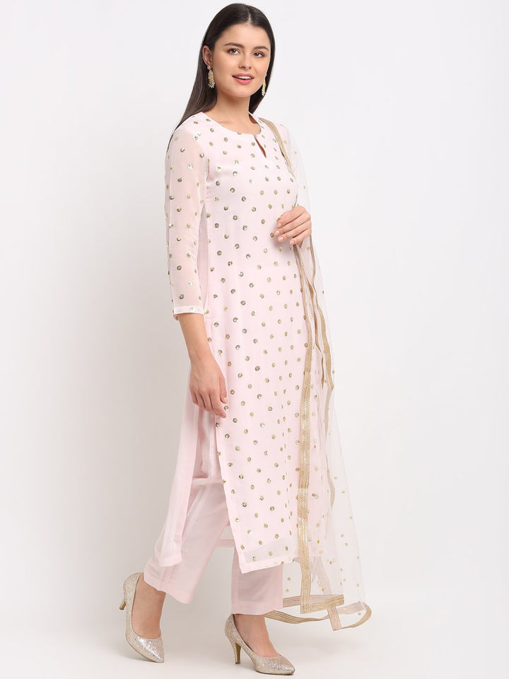 anokherang Combos Blush Pink Sequined Georgette Kurti with Straight Pants and Sequined Pearl Net Dupatta