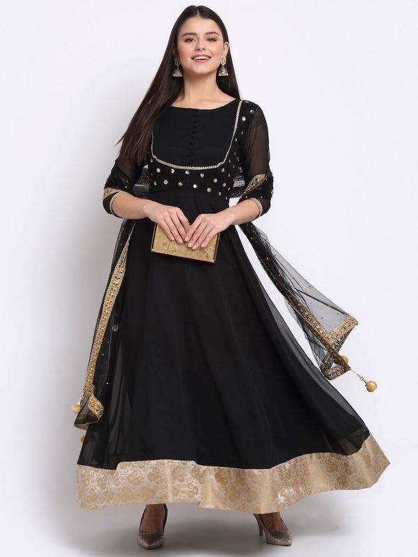 anokherang Combos Bold Black Georgette Anarkali with Mirror Stone Dupatta