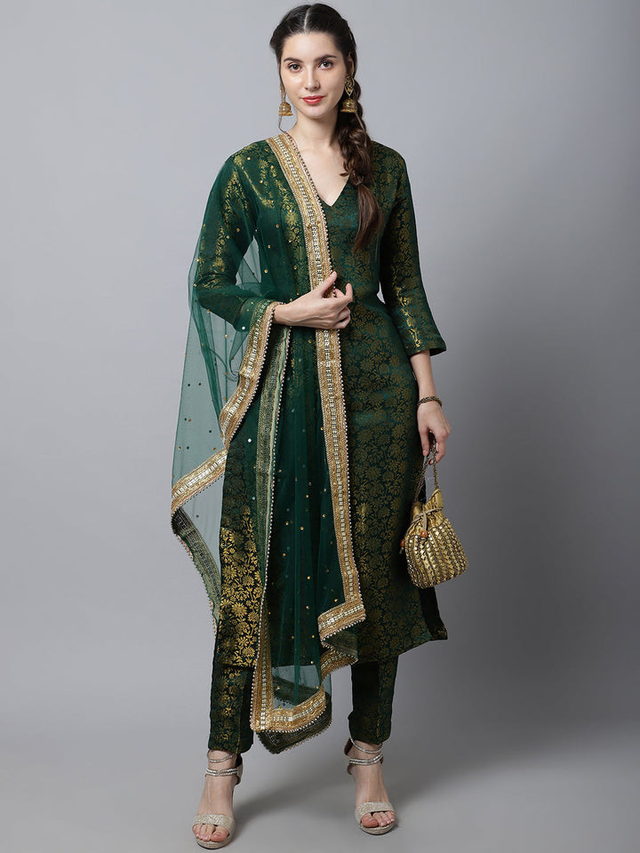 anokherang Combos Bottle Green Brocade Straight Kurti With Straight Pants and Organza Dupatta