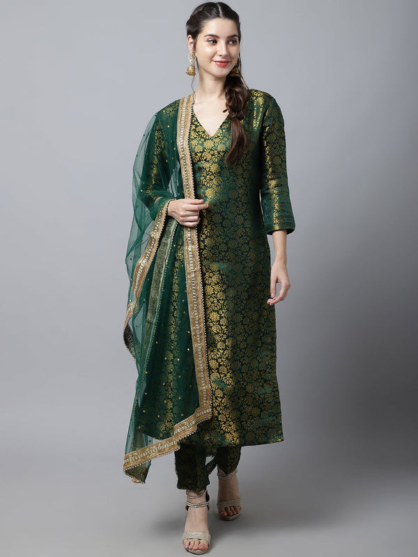 anokherang Combos Bottle Green Brocade Straight Kurti With Straight Pants and Organza Dupatta