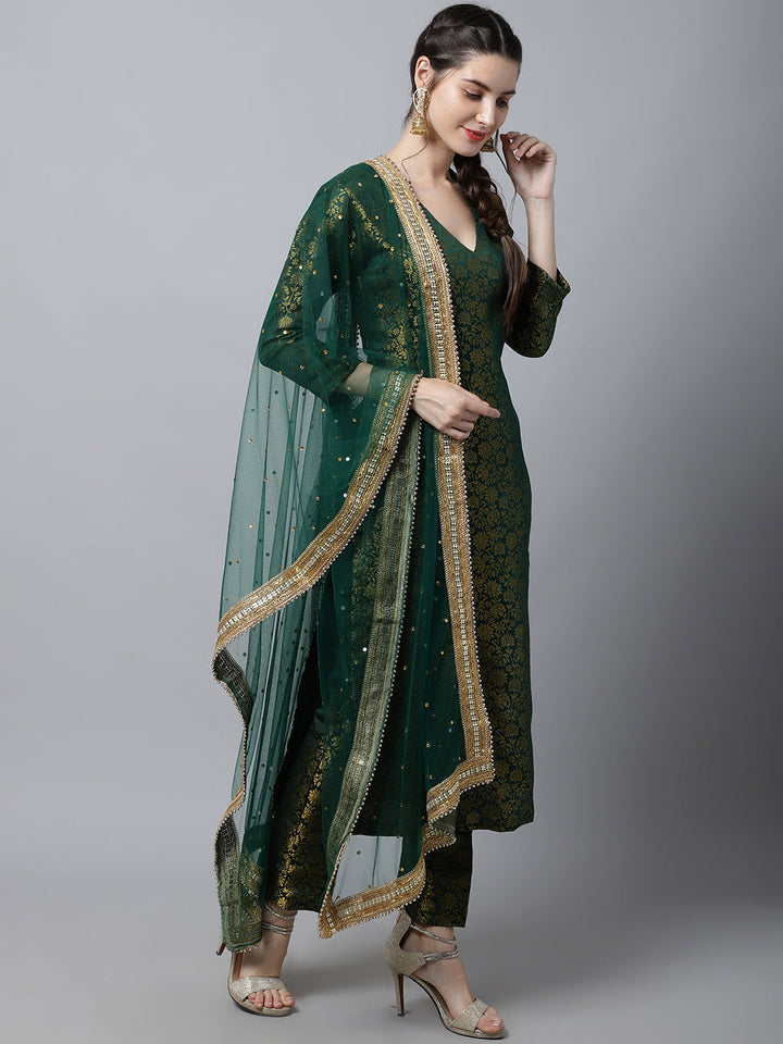 anokherang Combos Bottle Green Brocade Straight Kurti With Straight Pants and Organza Dupatta