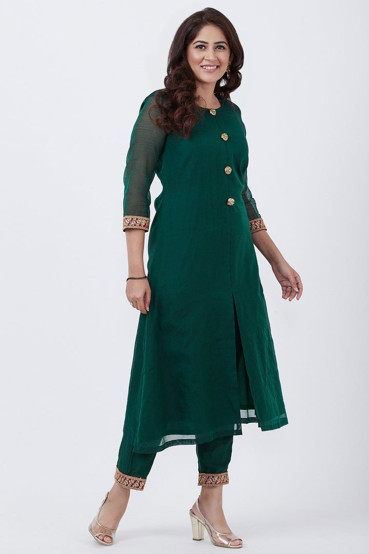 anokherang Combos Bottle Green Kundan Button Down Kurti with Straight Pants