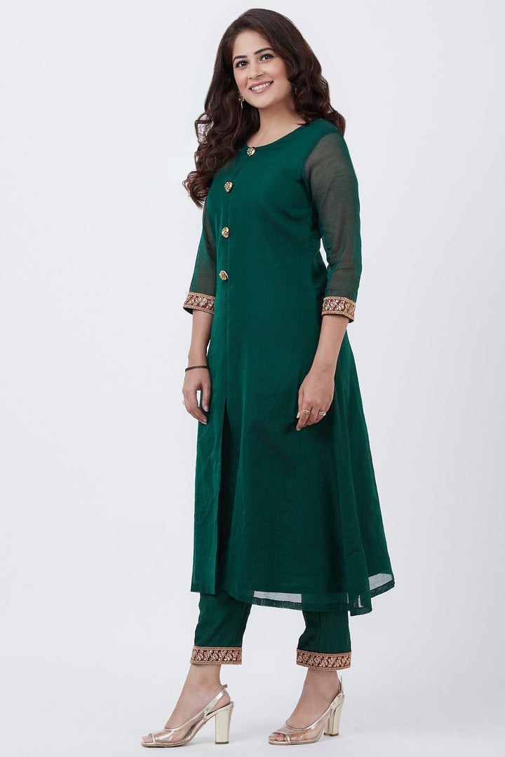 anokherang Combos Bottle Green Kundan Button Down Kurti with Straight Pants