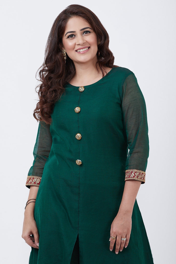 anokherang Combos Bottle Green Kundan Button Down Kurti with Straight Pants