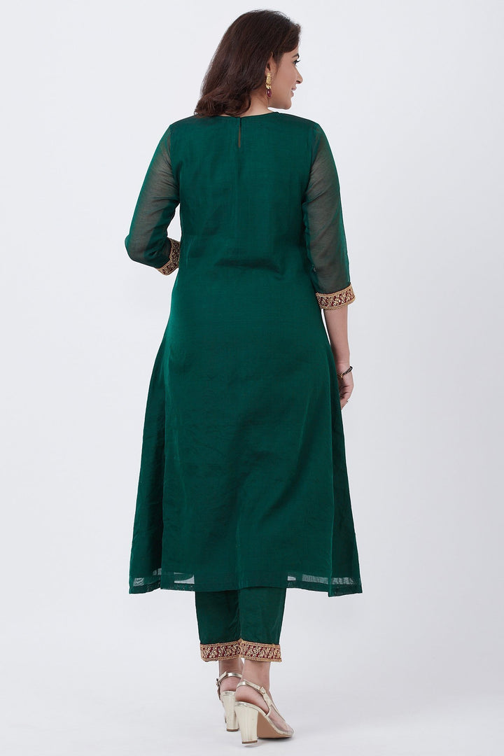 anokherang Combos Bottle Green Kundan Button Down Kurti with Straight Pants