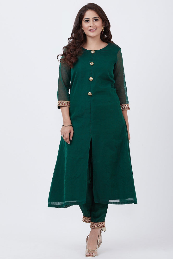 anokherang Combos Bottle Green Kundan Button Down Kurti with Straight Pants