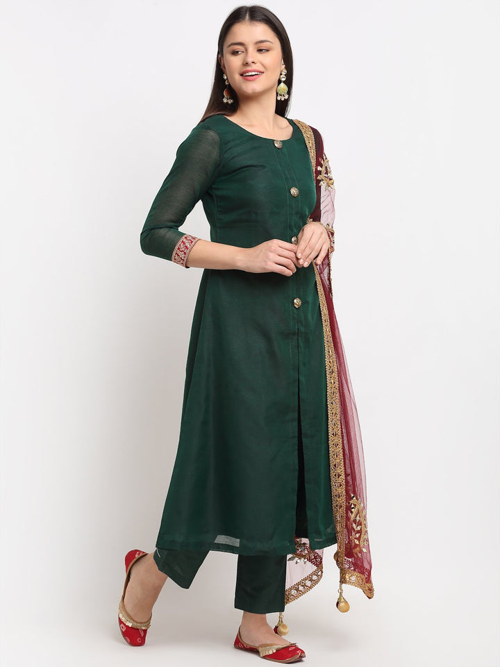 anokherang Combos Bottle Green Kundan Button Down Kurti with Straight Pants and Maroon Paisley Dupatta