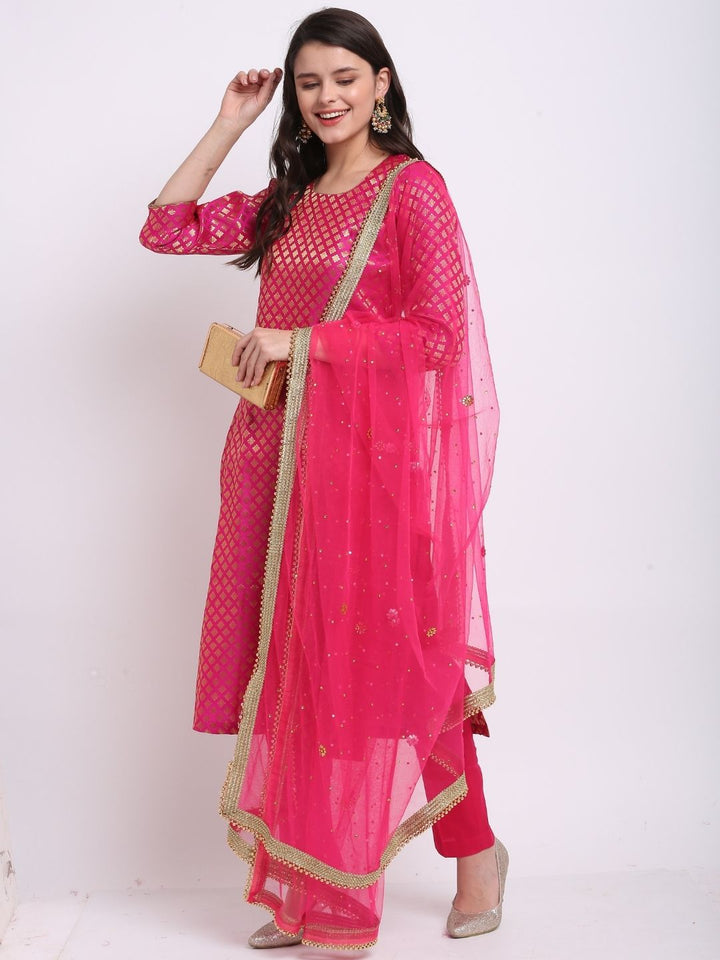 anokherang Combos Bridal Pretty Pink Brocade Straight Kurti with Straight Pants and Pink Stone Dupatta