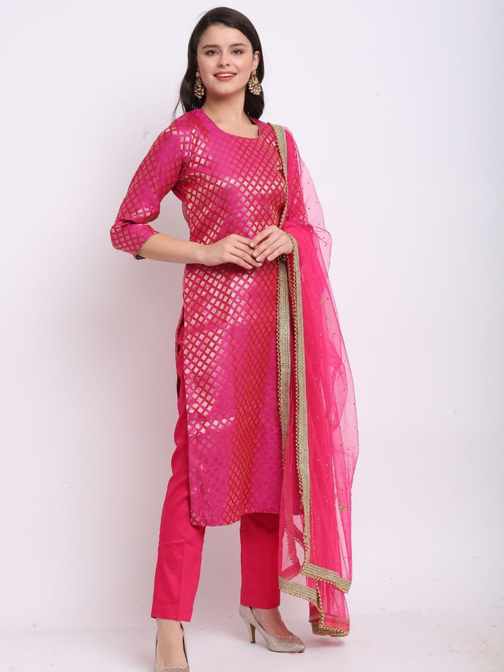 anokherang Combos Bridal Pretty Pink Brocade Straight Kurti with Straight Pants and Pink Stone Dupatta