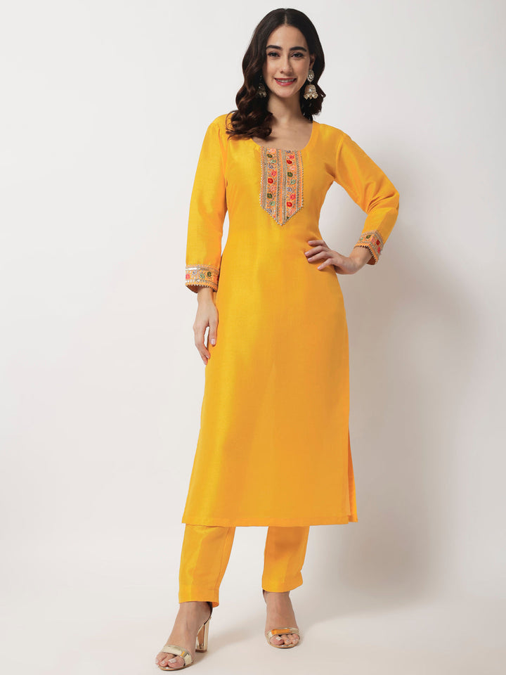 anokherang Combos Bridal Queen Mustard Silk Kurti with Straight Pants