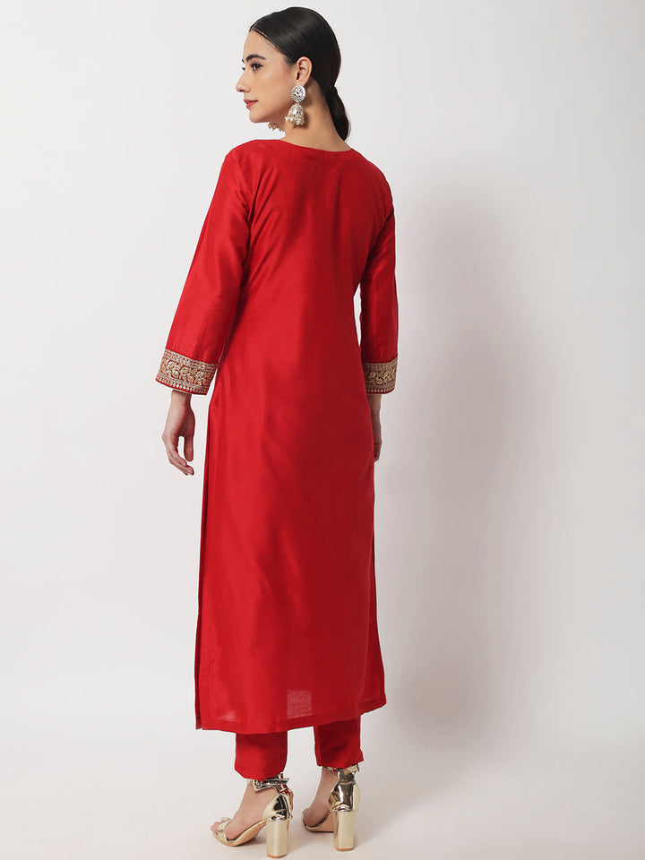 anokherang Combos Bridal Queen Red Silk Kurti with Straight Pants