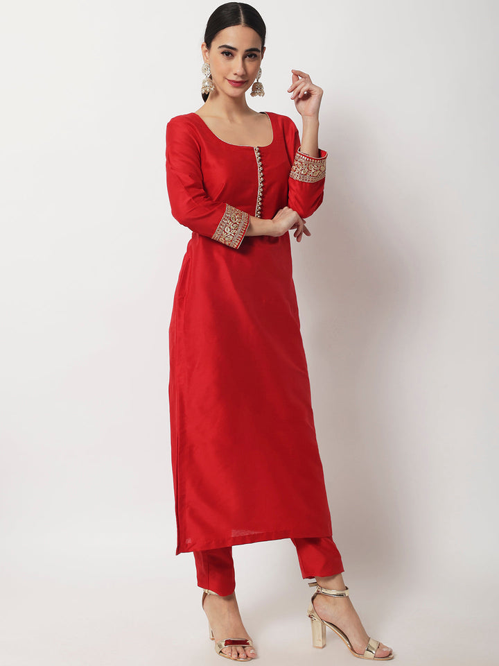 anokherang Combos Bridal Queen Red Silk Kurti with Straight Pants