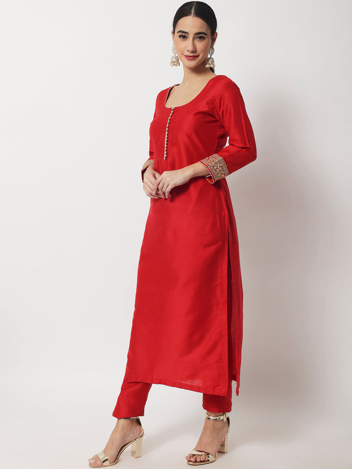 anokherang Combos Bridal Queen Red Silk Kurti with Straight Pants