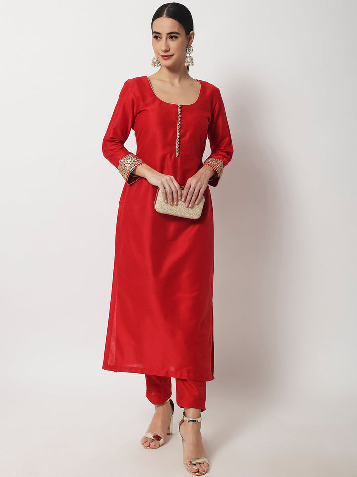 anokherang Combos Bridal Queen Red Silk Kurti with Straight Pants
