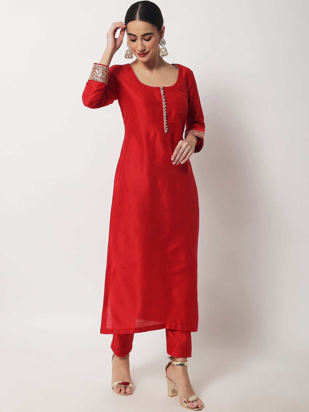 Elegant Straight Cut Red and Magenta Cotton Silk Combination Kurta wit –  Sujatra