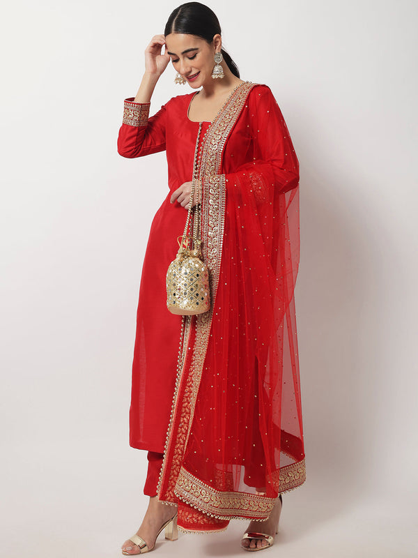anokherang Combos Bridal Queen Red Silk Kurti with Straight Pants and Bridal Dupatta