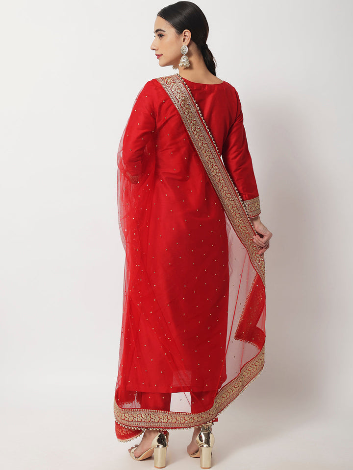 anokherang Combos Bridal Queen Red Silk Kurti with Straight Pants and Bridal Dupatta