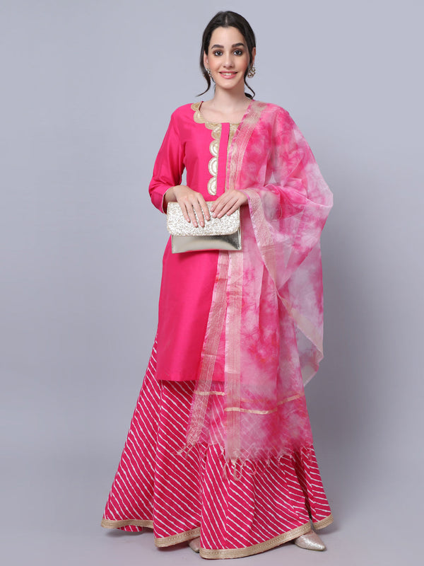 anokherang Combos Candy Pink Short Kurti with Flared Palazzo and Organza Dupatta