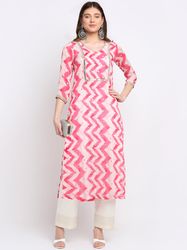 anokherang Combos Candy Pink Zig-Zag Mirror Straight Kurti