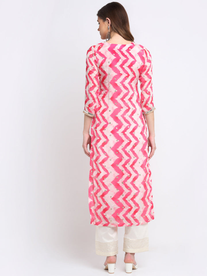 anokherang Combos Candy Pink Zig-Zag Mirror Straight Kurti With Straight Palazzo