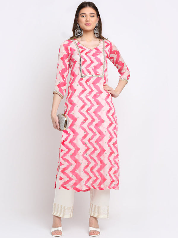 anokherang Combos Candy Pink Zig-Zag Mirror Straight Kurti With Straight Palazzo