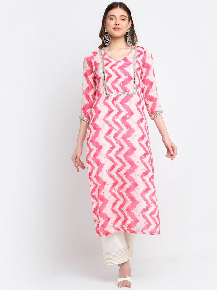 anokherang Combos Candy Pink Zig-Zag Mirror Straight Kurti With Straight Palazzo