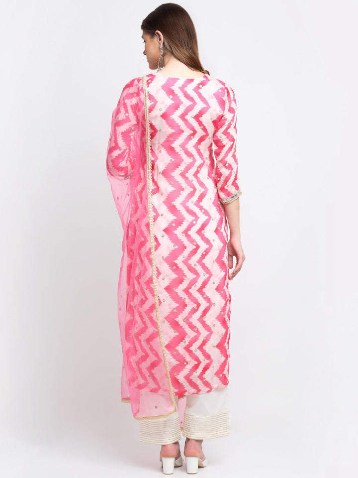 anokherang Combos Candy Pink Zig-Zag Mirror Straight Kurti With Straight Palazzo And Net Dupatta