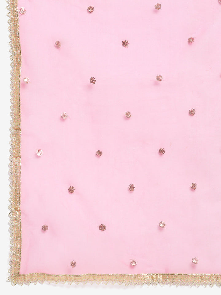 anokherang Combos Candy Pink Zig-Zag Mirror Straight Kurti With Straight Palazzo And Net Dupatta