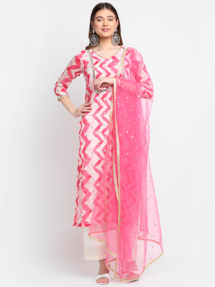 anokherang Combos Candy Pink Zig-Zag Mirror Straight Kurti With Straight Palazzo And Net Dupatta