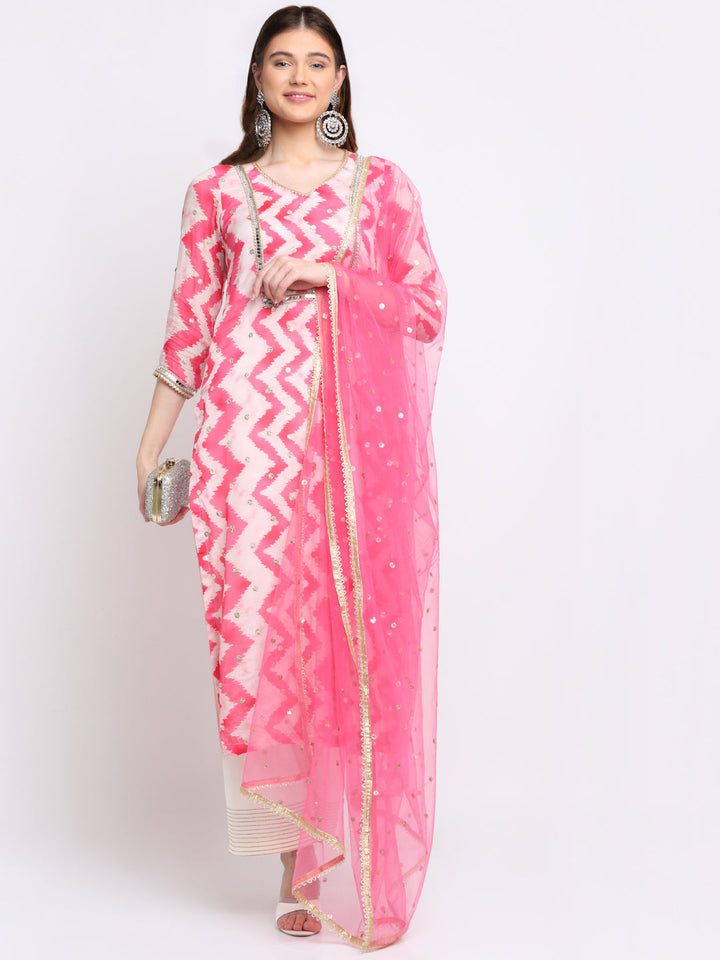 anokherang Combos Candy Pink Zig-Zag Mirror Straight Kurti With Straight Palazzo And Net Dupatta