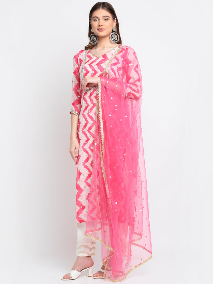 anokherang Combos Candy Pink Zig-Zag Mirror Straight Kurti With Straight Palazzo And Net Dupatta