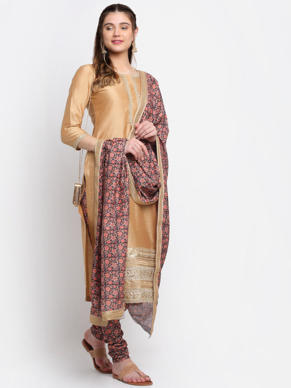 anokherang Combos Caramel Gold Embroidered Straight Kurti With Printed Chudidar And Printed Dupatta