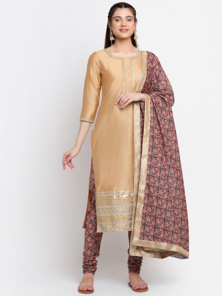 anokherang Combos Caramel Gold Embroidered Straight Kurti With Printed Chudidar And Printed Dupatta