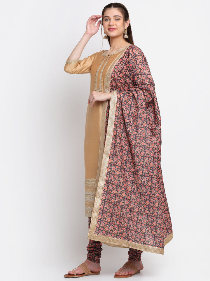 anokherang Combos Caramel Gold Embroidered Straight Kurti With Printed Chudidar And Printed Dupatta