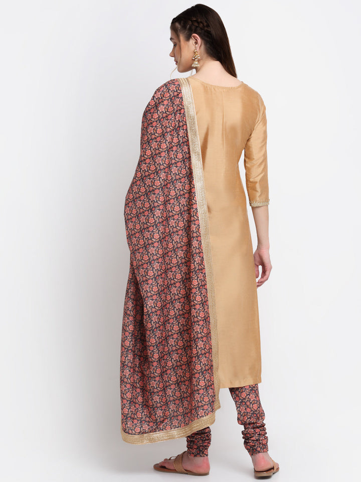 anokherang Combos Caramel Gold Embroidered Straight Kurti With Printed Chudidar And Printed Dupatta
