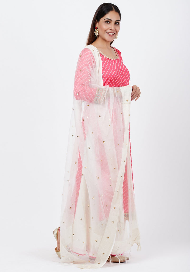 anokherang Combos Carrot Pink Bandhani Kurti with Flared Palazzo and Sequenced Dupatta