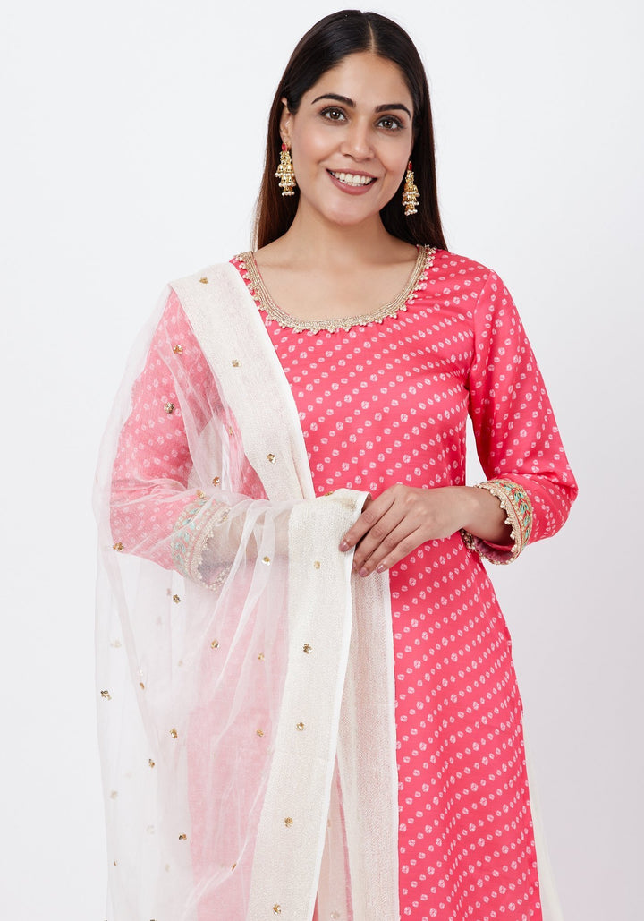 anokherang Combos Carrot Pink Bandhani Kurti with Flared Palazzo and Sequenced Dupatta