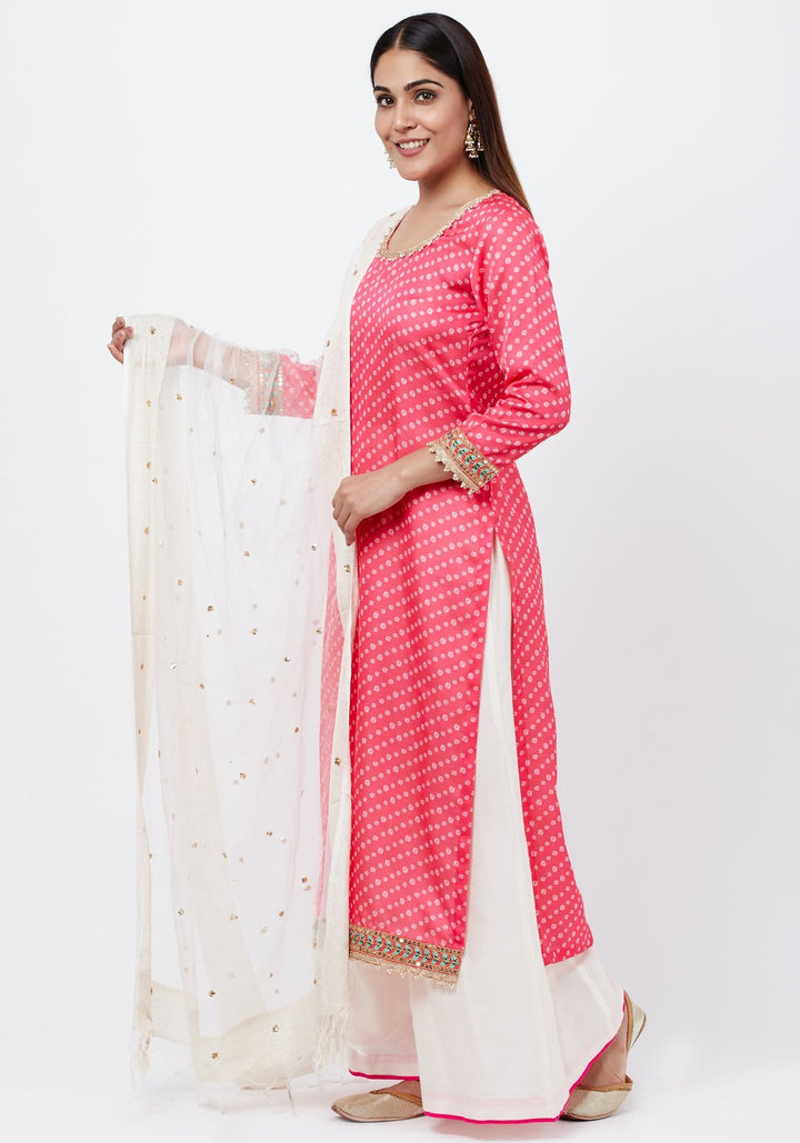 anokherang Combos Carrot Pink Bandhani Kurti with Flared Palazzo and Sequenced Dupatta