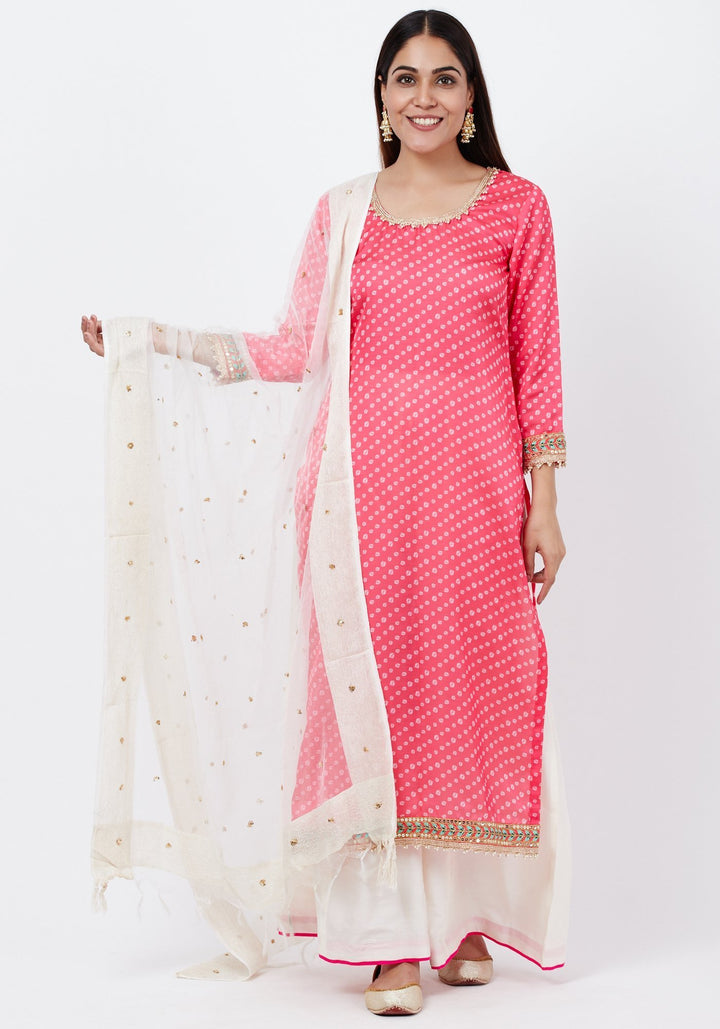 anokherang Combos Carrot Pink Bandhani Kurti with Flared Palazzo and Sequenced Dupatta